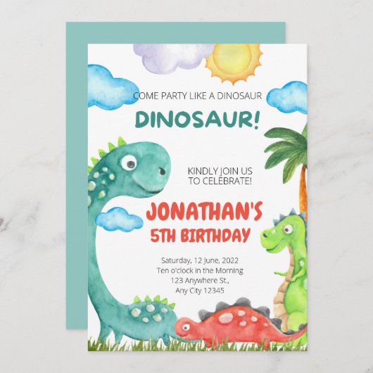 Dinosaur Birthday Uitnodiging (Voorkant / Achterkant)