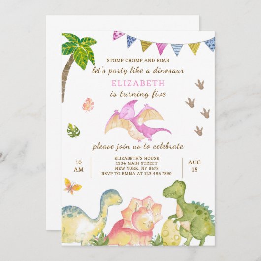 Dinosaur Birthday Uitnodiging (Voorkant / Achterkant)