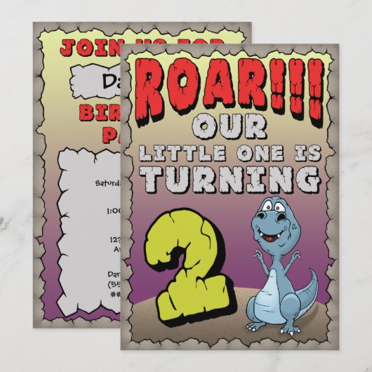 Dinosaur Birthday Uitnodiging 2 jaar oud (Voorkant / Achterkant)