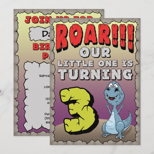 Dinosaur Birthday Uitnodiging 3 jaar oud (Voorkant / Achterkant)
