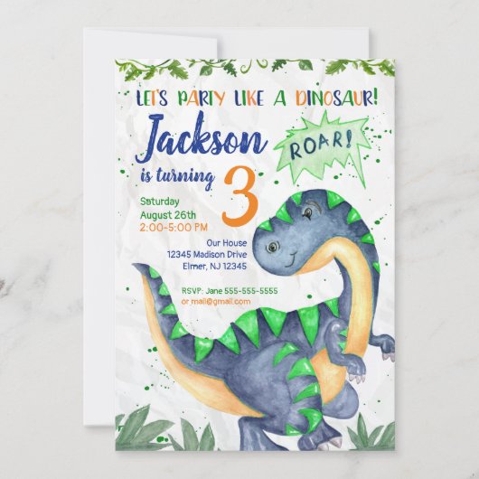 Dinosaur Birthday Uitnodiging voor een jongen (Voorkant)