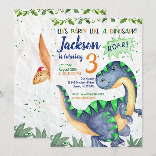 Dinosaur Birthday Uitnodiging voor een jongen (Voorkant / Achterkant)