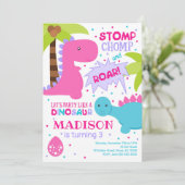 Dinosaur Birthday Uitnodiging voor een meisje (Staand voorkant)