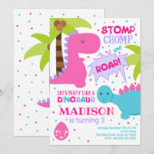 Dinosaur Birthday Uitnodiging voor een meisje (Voorkant / Achterkant)