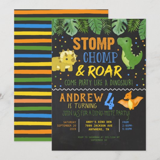 Dinosaur Birthday Uitnodiging voor jongens (Voorkant / Achterkant)