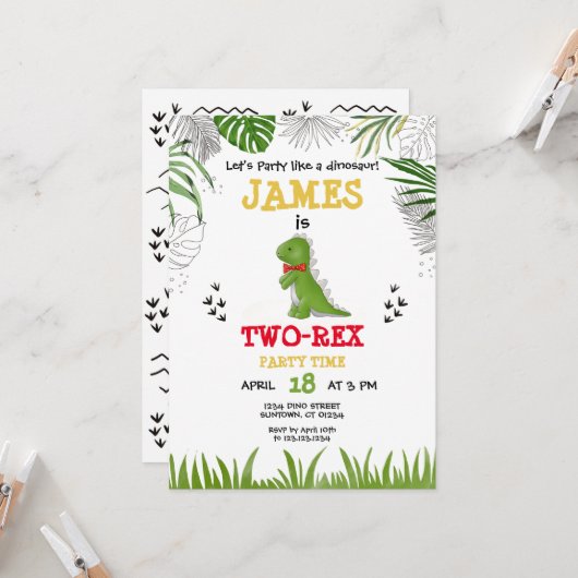 Dinosaur Birthday waterverf groen geel rood Kaart (Voorkant / Achterkant in situ)