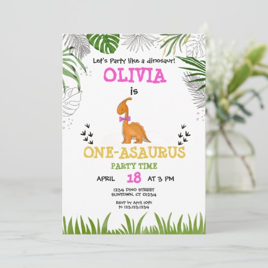 Dinosaur Birthday waterverf roze oranje groen Kaart (Staand voorkant)