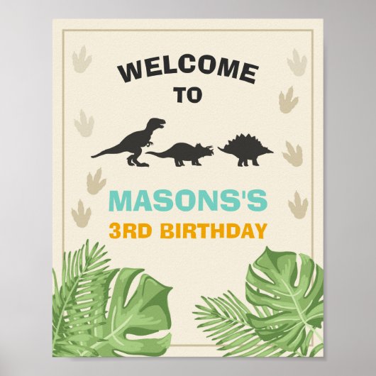 Dinosaur Birthday Welcome Sign Boy Leaves Party Poster (Voorkant)