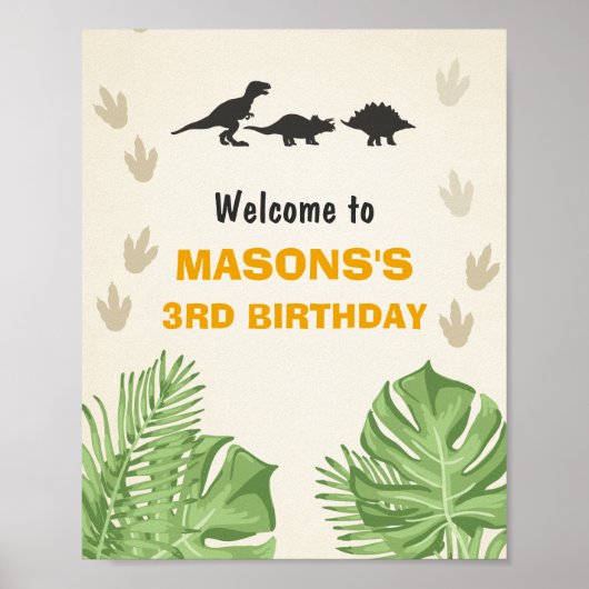 Dinosaur Birthday Welcome Sign Boy Leaves Party Poster (Voorkant)