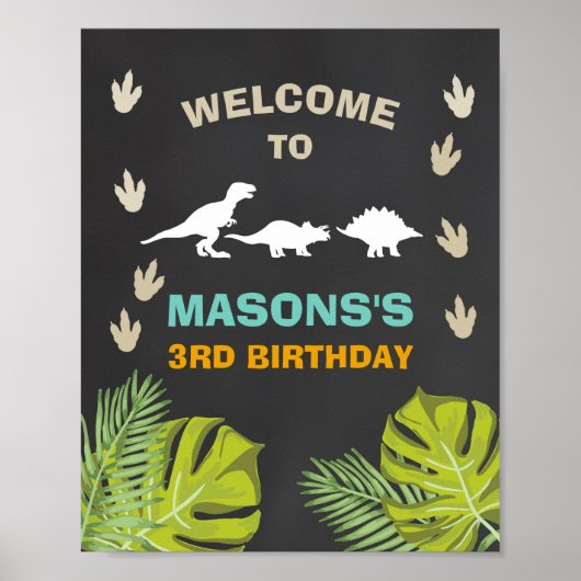 Dinosaur Birthday Welcome Sign Boy Leaves Party Poster (Voorkant)