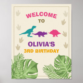 Dinosaur Birthday Welcome Sign Girl Leaves Party Poster
