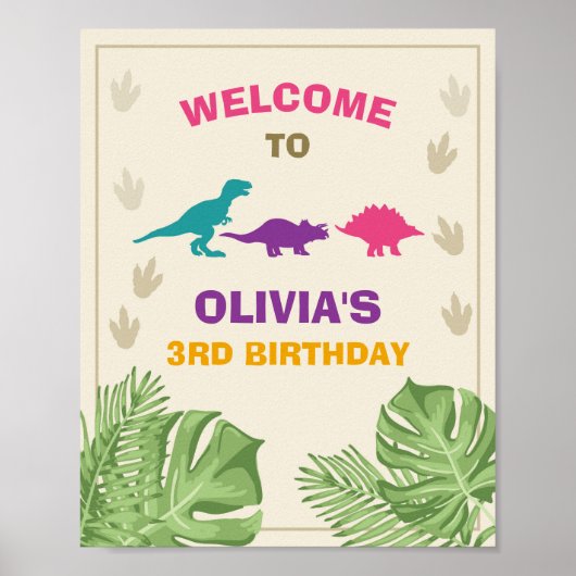 Dinosaur Birthday Welcome Sign Girl Leaves Party Poster (Voorkant)