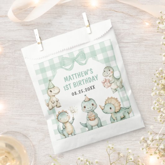 Dinosaur Blue Gingham 1e verjaardagsfeest Bedankzakje (Geknipt)