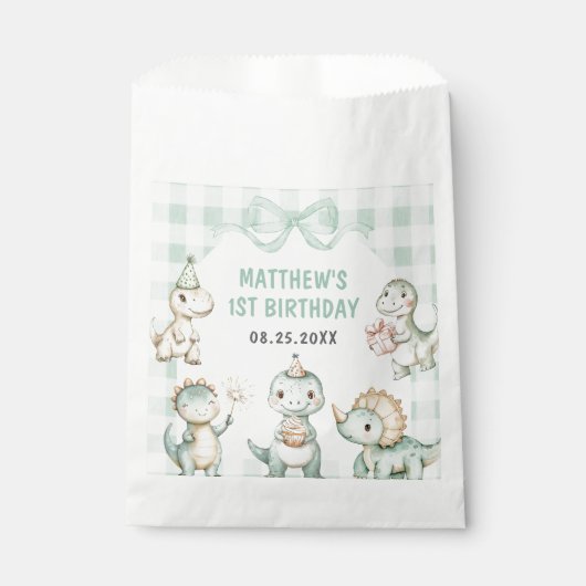 Dinosaur Blue Gingham 1e verjaardagsfeest Bedankzakje (Voorkant)