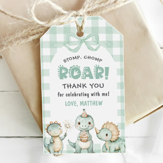 Dinosaur Blue Gingham 1e verjaardagsfeest Cadeaulabel