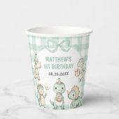 Dinosaur Blue Gingham 1e verjaardagsfeest Papieren Bekers (Voorkant)