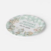 Dinosaur Blue Gingham 1e verjaardagsfeest Papieren Bordje (Gekanteld)