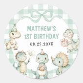 Dinosaur Blue Gingham 1e verjaardagsfeest Ronde Sticker (Voorkant)