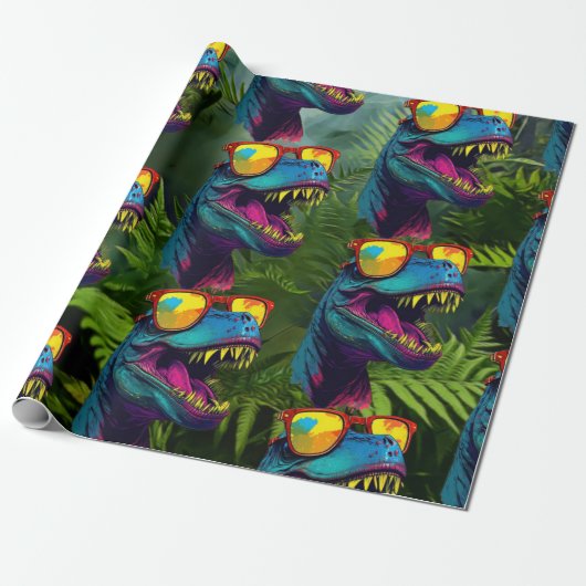 Dinosaur Blue Oerwoud T Rex Jurassic Cool Cadeaupapier (Uitgerold)