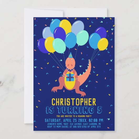 Dinosaur Blue Yellow ballonvaarde Confetti Boy Bir Kaart (Voorkant)