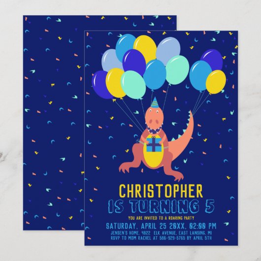 Dinosaur Blue Yellow ballonvaarde Confetti Boy Bir Kaart (Voorkant / Achterkant)