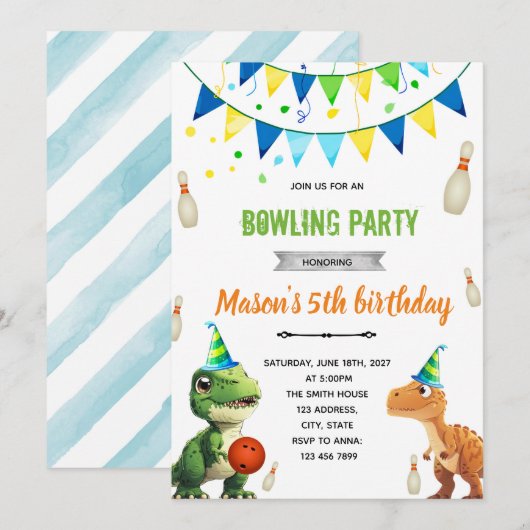 Dinosaur Bowling uitnodiging voor verjaardag (Voorkant / Achterkant)
