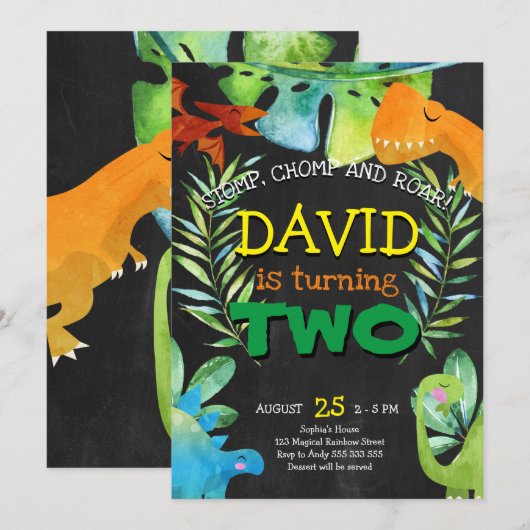 Dinosaur Boy 2nd Birthday Boys Dino Party Kaart (Voorkant / Achterkant)