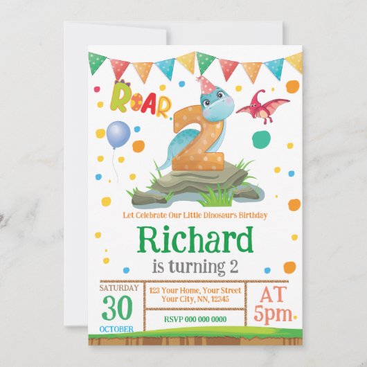 Dinosaur Boy 2nd Birthday Invitation Kaart (Voorkant)