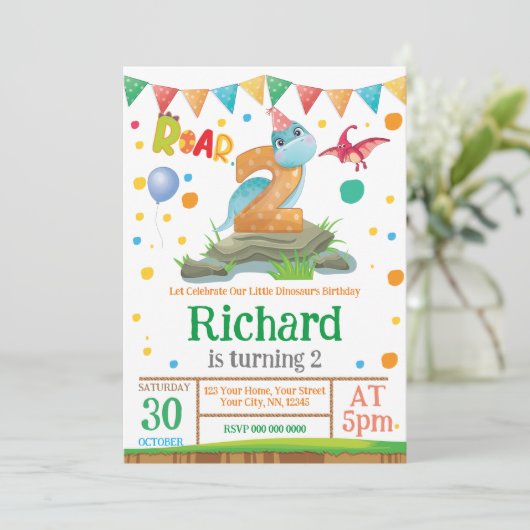 Dinosaur Boy 2nd Birthday Invitation Kaart (Staand voorkant)