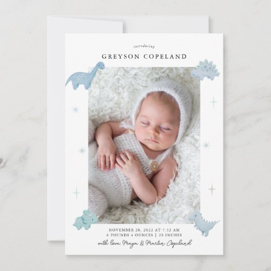 Dinosaur Boy Baby Foto geboorteaankondiging Aankondiging (Voorkant)