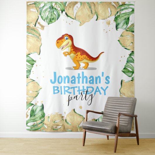 Dinosaur Boy BIRTHDAY Blue Backdrop Wandkleed (In situ)