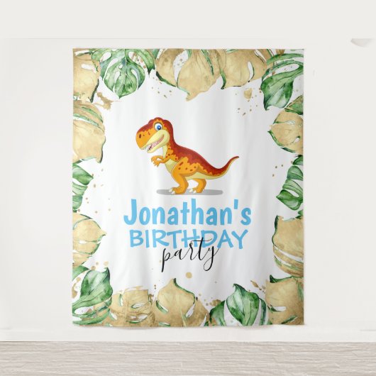 Dinosaur Boy BIRTHDAY Blue Backdrop Wandkleed (Voorkant)