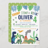 Dinosaur Boy Blue Birthday Invitation Kaart (Voorkant / Achterkant)