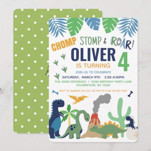 Dinosaur Boy Blue Birthday Invitation Kaart (Voorkant / Achterkant)