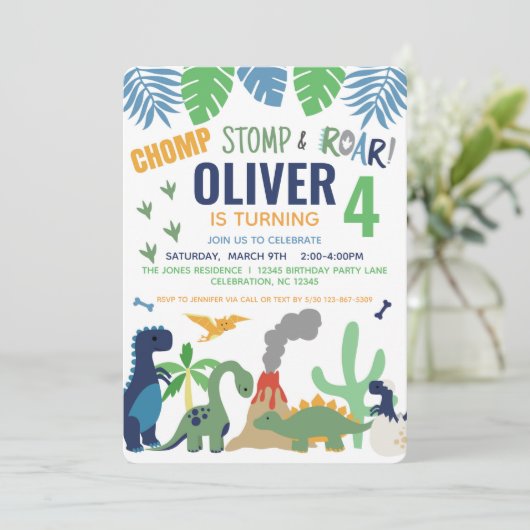 Dinosaur Boy Blue Birthday Invitation Kaart (Staand voorkant)