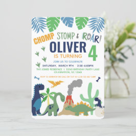 Dinosaur Boy Blue Birthday Invitation Kaart