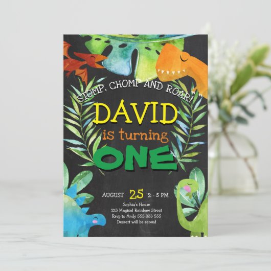 Dinosaur Boy First Birthday 1st Dino Party Kaart (Staand voorkant)