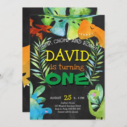 Dinosaur Boy First Birthday 1st Dino Party Kaart (Voorkant / Achterkant)