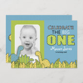 Dinosaur Boy First Birthday Party Kaart (Voorkant / Achterkant)