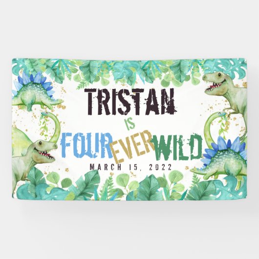 Dinosaur Boy Four Ever Wild Birthday Banner (Horizontaal)