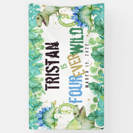 Dinosaur Boy Four Ever Wild Birthday Banner (Verticaal)