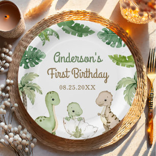 Dinosaur Boy Green 1e verjaardag Papieren Bordje