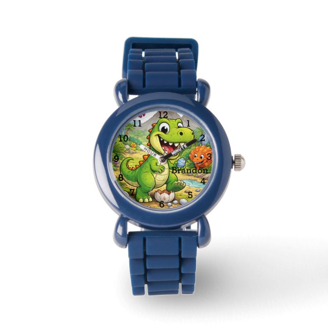 Dinosaur Boy Modern Green Trex Custom Name Kids Horloge (Voorkant)