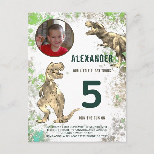 Dinosaur Boys Birthday Foto Uitnodiging Briefkaart (Voorkant)