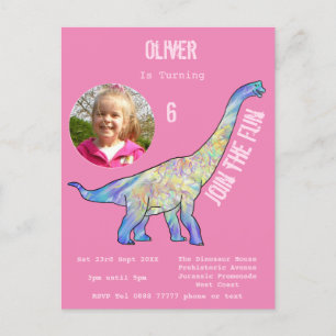 Dinosaur Brachiosaurus Meisjes Verjaardag Roze Fot Uitnodiging Briefkaart