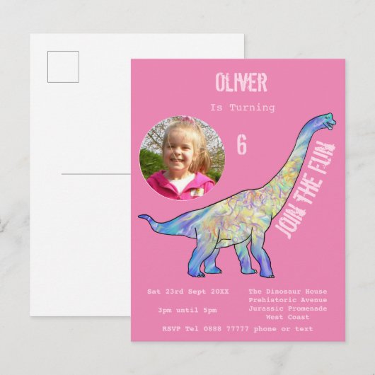 Dinosaur Brachiosaurus Meisjes Verjaardag Roze Fot Uitnodiging Briefkaart (Voorkant / Achterkant)