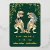 Dinosaur Bride and Groom Weddding Green Gold Folie Uitnodiging (Voorkant)