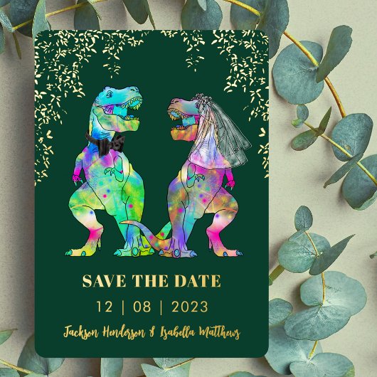 Dinosaur Bride and Groom Weddding Green Gold Folie Uitnodiging