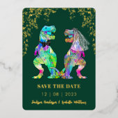 Dinosaur Bride and Groom Weddding Green Gold Folie Uitnodiging (Voorkant)