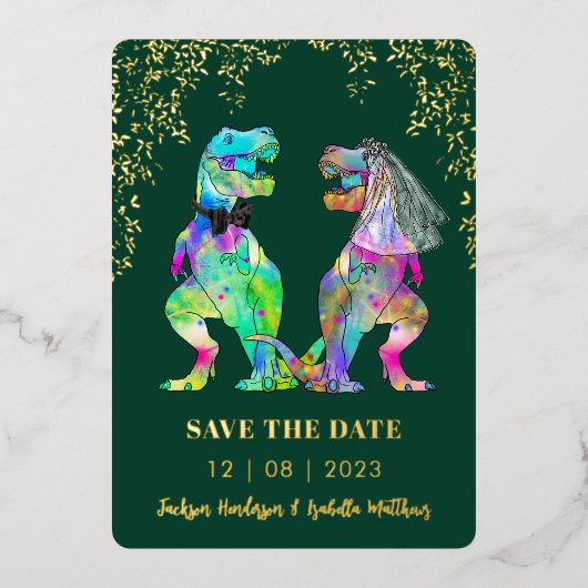 Dinosaur Bride and Groom Weddding Green Gold Folie Uitnodiging (Voorkant)
